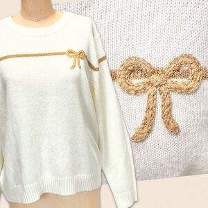 VINTAGE 90s Liz Claiborne Russ gold metallic bow‎ tie knit sweater cream elegant